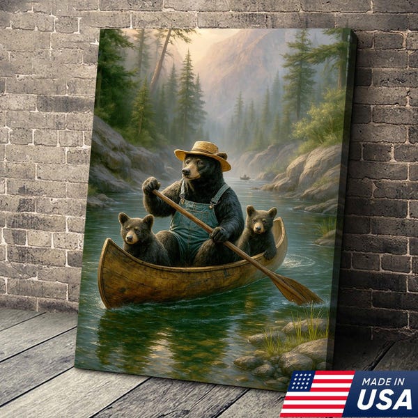 Bear Family Canoe Adventure Canvas Wall Art – Rustic Wildlife Wall Decor for Cabin & Home