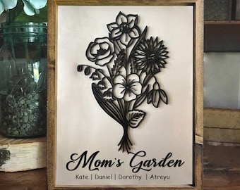 Mom's Garden Personalized Birth Flower Bouquet Frame with Kids' Names, Unique Mother's Day Gift, Custom Home Decor for Mom or Grandma