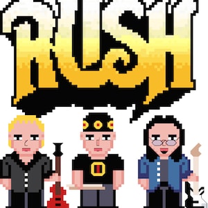 Puede incluir: Gráfico pixelado con la banda Rush. La palabra "RUSH" está en fuente pixelada amarilla y negra. Los miembros de la banda están representados con instrumentos: un bajo, baquetas y una guitarra blanca. Los miembros de la banda están en un estilo pixelado.