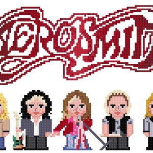 May include: A pixel art image of the band Aerosmith. The band members are depicted in a cartoon style with guitars and microphones. The band's name is written in red pixel art above the band members.