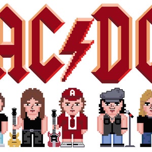 Puede incluir: Ilustración de arte de píxeles de la banda de rock AC/DC. Los miembros de la banda están representados en un estilo de dibujos animados, cada uno sosteniendo un instrumento musical. El logotipo de la banda se muestra sobre los miembros de la banda en rojo con un rayo.