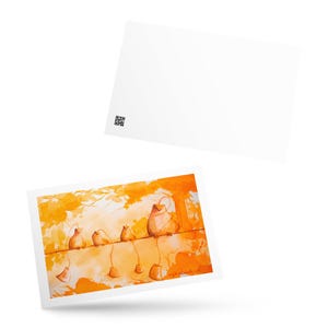 May include: A rectangular postcard featuring a watercolor illustration of four birds perched on a wire, each holding a tea bag by its string. The scene is rendered in shades of orange and yellow. The back of the card is white with a small QR code.