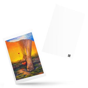 May include: A rectangular postcard featuring a vibrant painting of a foot stepping into a pond with lily pads, surrounded by a golden sunset sky and small red heart-shaped flowers. The reverse side is blank white with a small black QR code.
