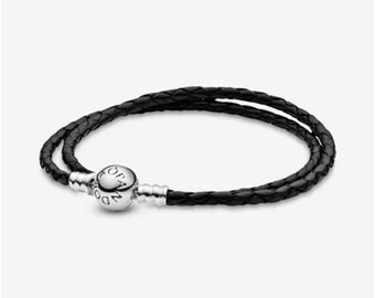 Bracelet à breloques Pandora, mélange de bracelets en cuir tressé double, bracelet minimaliste à fermoir boule en argent sterling S925, cadeau pour elle