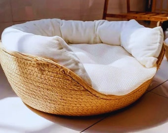 Bamboo Weave Pet Bed Cozy Dog and Cat Sofa with Waterproof Cushion