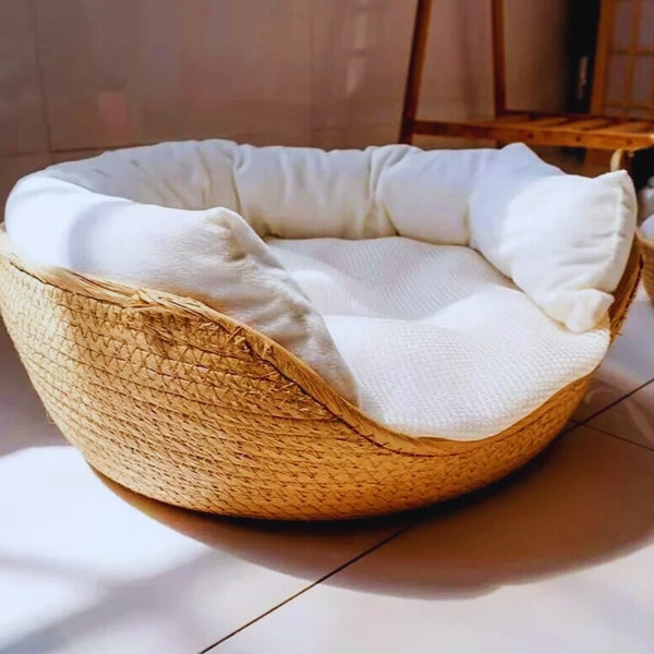 Bamboo Weave Pet Bed Cozy Dog and Cat Sofa with Waterproof Cushion