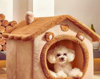 Cama para gatos suave y cerrada para un sueño profundo: casa de invierno para perros y gatos con cojín extraíble, tienda de campaña para mascotas adecuada para gatitos y cachorros