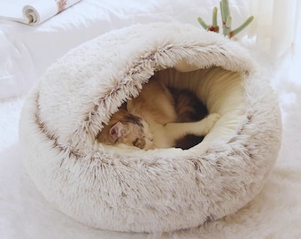 Weiches Plüsch-Haustierbett mit Bezug – rundes Katzenbett, warme 2-in-1-Schlafnesthöhle, Haustiermatratze für kleine Hunde und Katzen, gemütliches Hundebett