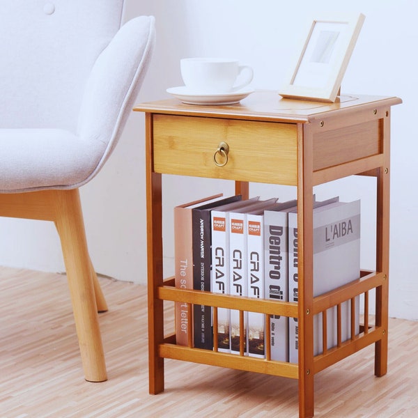 Bamboo Bedside Table Functional Nightstand with Drawer and Plant Storage