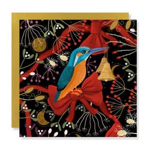 Festliche Karte. Weihnachtskarte. Winter. Eisvogel. Laub. Monde. Rote Bögen. Herbst. Blanko-Karte. Gold Umschlag