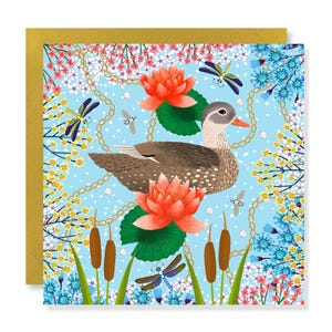 Frühling Karte. Osterkarte. Muttertag. Ente. Blumen. Juwelen. Perlen. Libelle. Blanko-Karte. Gold Umschlag