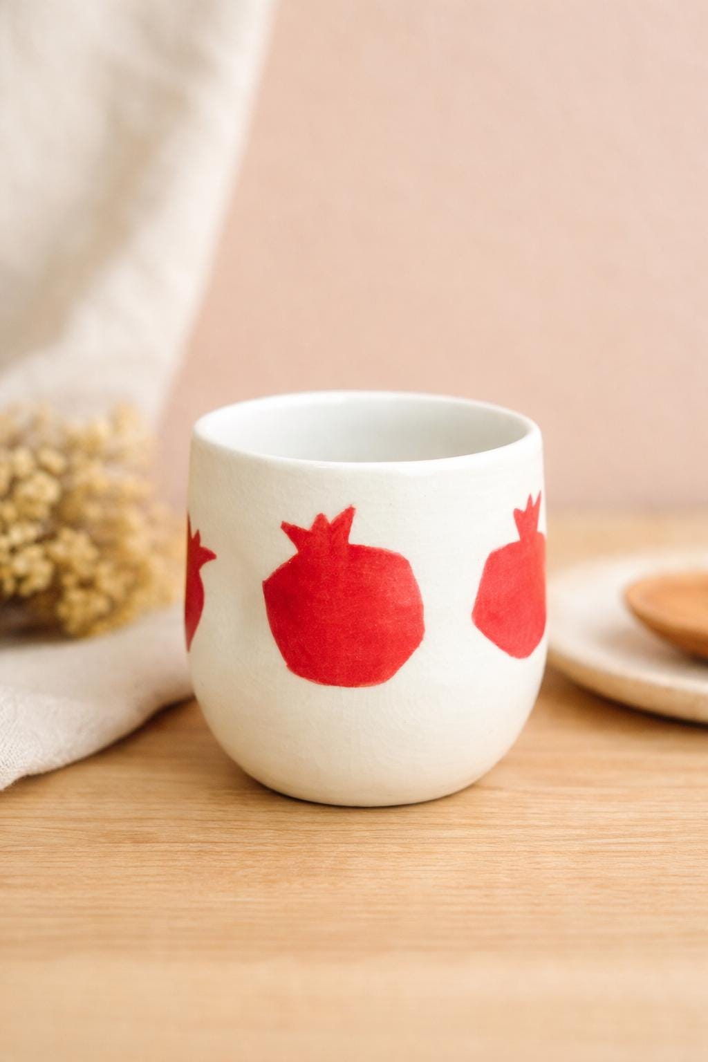 Handmade Ceramic Cup with Pomegranate Motif | Minimalist Porcelain Tumbler | Tea & Coffee Cup