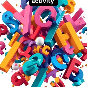 Könnte beinhalten: Bunte 3D-Buchstaben in verschiedenen Größen und Schriftarten, Groß- und Kleinbuchstaben, auf weißem Hintergrund. Der Text "Upper and lowercase gluing activity" ist in einem schwarzen Rechteck oben zu sehen.
