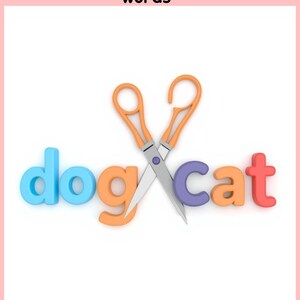 Könnte beinhalten: Das Bild zeigt die Wörter „dog“ und „cat“ in bunten 3D-Buchstaben, die von einer orangefarbenen Schere durchgeschnitten werden. Der Text „Cutting letters to make CVC words“ steht oben.