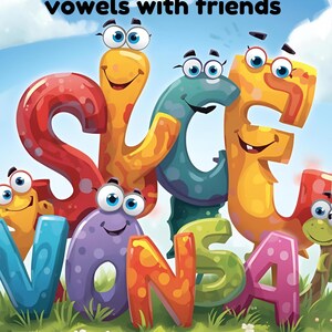 May include: Colorful illustration featuring animated letters spelling "SKVANS" and "A". The letters have cartoon faces and are set against a blue sky and green grass background. The text "Sorting Consonants and vowels with friends" is at the top.