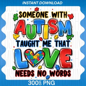 Puede incluir: Gráfico digital con las palabras «SOMEONE WITH AUTISM TAUGHT ME THAT LOVE NEEDS NO WORDS». La palabra «AUTISM» está en rojo, verde, azul y amarillo. Un corazón lleno de piezas de rompecabezas está en el centro.