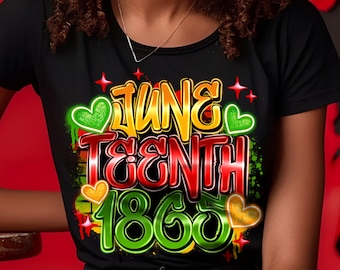 May include: A black t-shirt with a graphic design that says "Juneteenth 1865" in colorful graffiti style with hearts and stars.