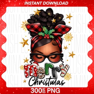 Merry Christmas Afro Messy Bun PNG, Afro Messy Bun Png, Christmas Afro Woman PNG, Christmas Black Girl Png, Black Woman Christmas Design Png