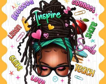 Afro Messy Bun Teacher PNG : Teach Love Inspire (téléchargement numérique)