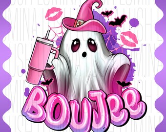 Könnte beinhalten: Digitalgrafik mit einem Cartoon-Geist, der einen rosa Hexenhut trägt und einen rosa Becher hält. Das Wort "Boujee" ist in rosa und lila Blasenbuchstaben geschrieben. Das Bild enthält Fledermäuse, Spinnweben und den Text "Sofort-Download" und "300 DPI PNG".
