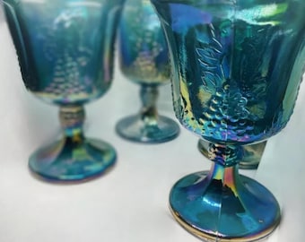 5 Indiana Glass company colony harvest Blue iridescent carnival glass goblets depression glass