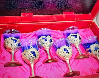 Mid-century NIKKO Silver Japanese Saki Set Cups Cobalt Blue