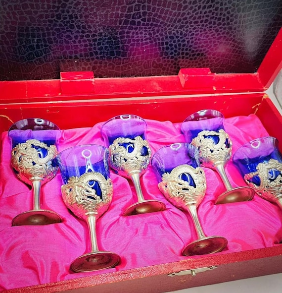 Mid-century NIKKO Silver Japanese Saki Set Cups Cobalt Blue