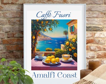 May include: A framed print with a painting of a lemon tree, a view of the Amalfi Coast, and two cups of coffee on a table. The text "Caffe Fuori Amalfi Coast" is printed below the painting.