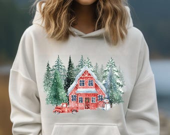 Felpa con cappuccio retrò natalizia, felpa vintage con camion rosso invernale, felpa con cappuccio unisex Boho, felpa con cappuccio Holiday Pine Trees, grafica retrò, atmosfera anni '90