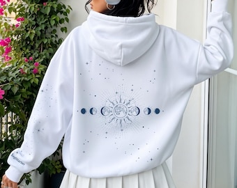 Celestial Moon Phase Hoodie, Custom Star Sleeve Sweatshirt, Mystical Witchy Clothing, Boho Astrology Space Lover Gift