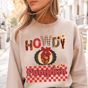 May include: Beige sweatshirt with the word "HOWDY" in colorful, patterned letters. A pumpkin design with a red bow and the word "Pumpkin" in a red and white checkered pattern is below the word "HOWDY".