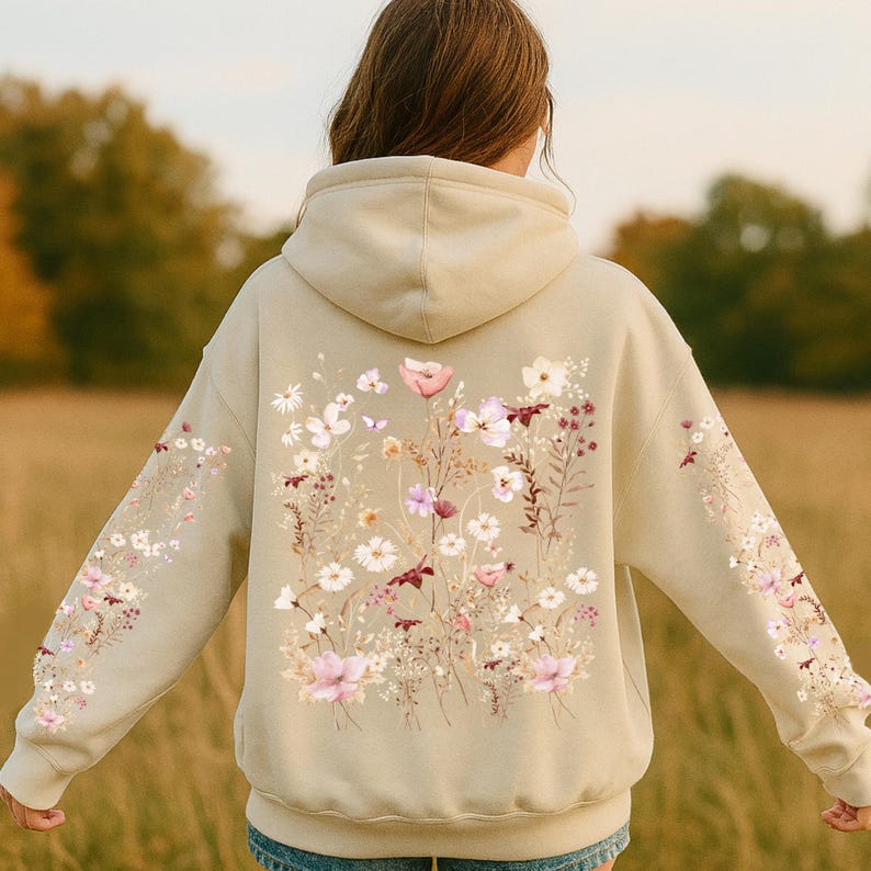 Felpa con cappuccio Wildflowers Cottagecore Botanical Floral Graphics Flower Loving Gift Felpa Boho Nature Floral Aesthetics immagine 1