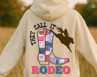 Patchwork Western Cowgirl Rodeo Hoodie, Cowboy Rodeo Boot, Trendy Country Concert Sweatshirt, Wild West Rodeo Shirt, Patchwork Print