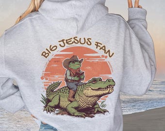 Cowboy Frog on Alligator Hoodie, Big Jesus Fan Sweatshirt, Christianity Hoodie, Vintage Christian Western Sweater