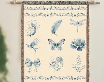 Chinoiserie Woven Blanket, French Blue Toile de Jouy Throw, Floral Tapestry, Picnic Blanket, Cottagecore Rug, College Girly Apartment Decor