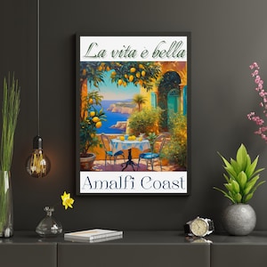 La Vita è Bella Wall Art, Amalfi Coast Poster, Italian Café Print, Mediterranean Seaside, Lemon Tree Artwork, Coastal Italy Village Decor