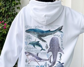 Retro Blue Whale Hoodie 90's Graphic Sweatshirt Shark Ocean Pullover Marine Life  Whale Hoodie Y2k Aesthetic Sweatshirt Ocean Biologist Gift