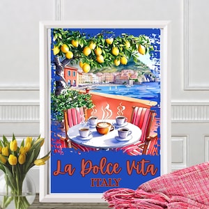 Italian La Dolce Vita Coastal Poster, Coastal Village Art, Amalfi Coast Print, Seaside Artwork, Lemon Tree, Coffee Ocean Italy,  Summer Art
