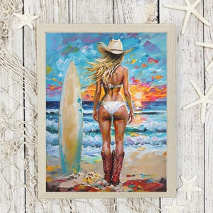 Coastal Cowgirl Poster Wall Art, Meet Me At The Beach, Surfboard Wall Art, Cowgirl Surf Poster, Beach House Decor, Preppy Cowgirl Wall Art