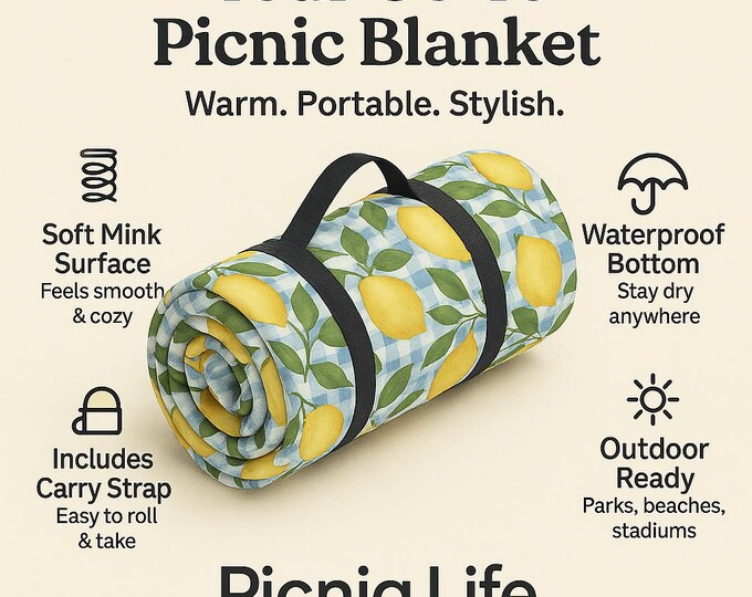 Lemon Picnic Blanket, Outdoor Blanket, Summer Picnic Mat, Spring Picnic Rug, Citrus Beach Blanket