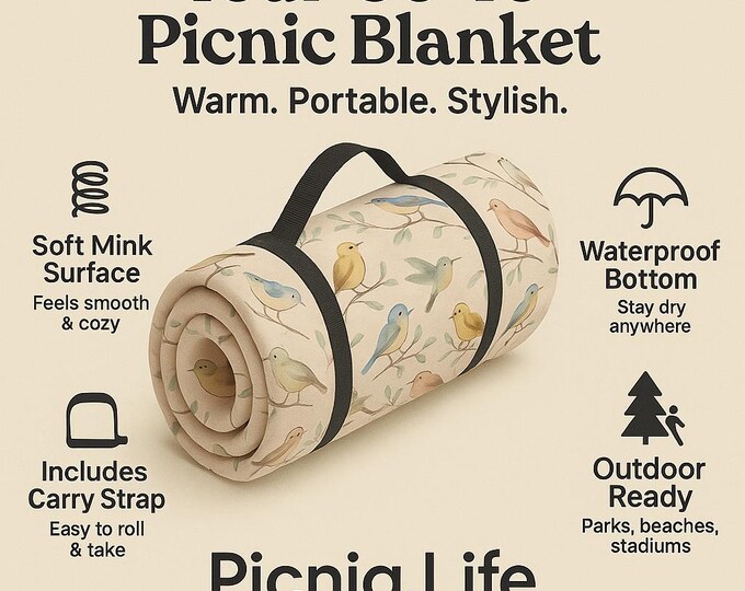 Bird Picnic Blanket - Outdoor Waterproof Mat for Summer Picnics, Beach Days, and Camping Adventures, Large Portable Picnic Rug with Bird