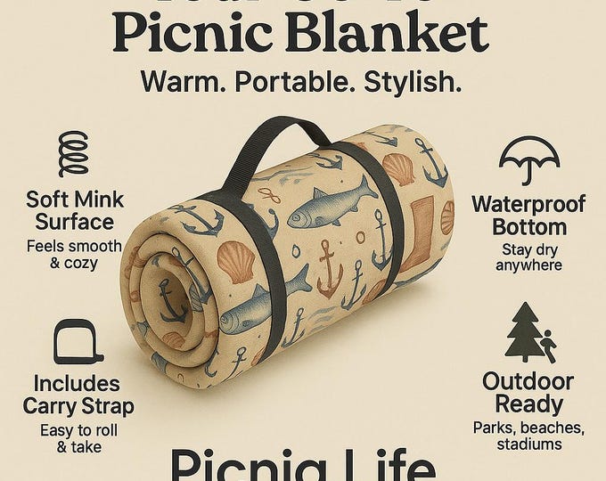 Nautical Picnic Blanket, Coastal Fisherman Outdoor Blanket, Sardines & Sea Boots Pattern, Beach Blanket, Ocean Theme Mat, Summer Picnic