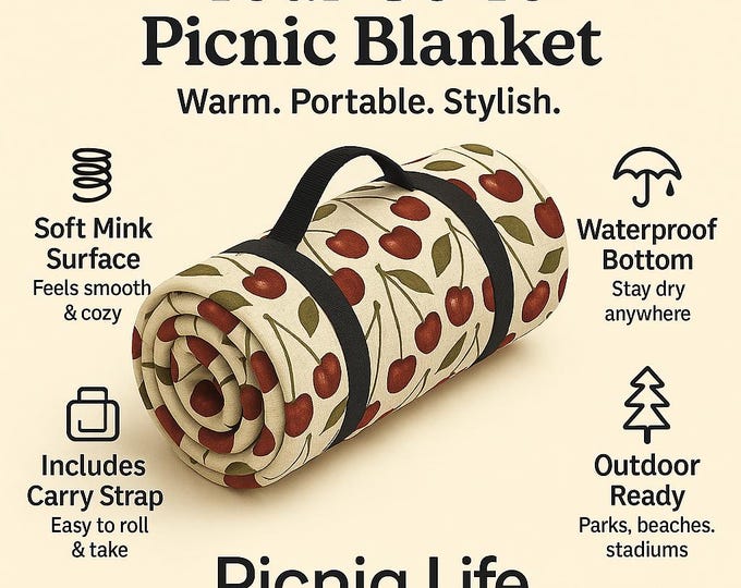 Cherries Picnic Blanket, Fruit Pattern Outdoor Mat, Summer Picnicking, Red Cherries Picnic Rug, Reversible Plaid Blanket, Family Beach Mat