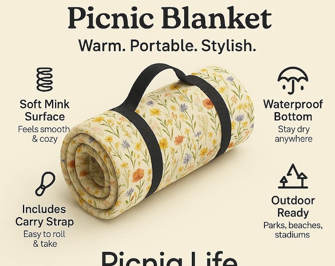 Wildflower Picnic Blanket - Floral Outdoor Blanket for Nature Lovers, Spring Picnics, Camping Mat, Beach Mat, Summer Adventures