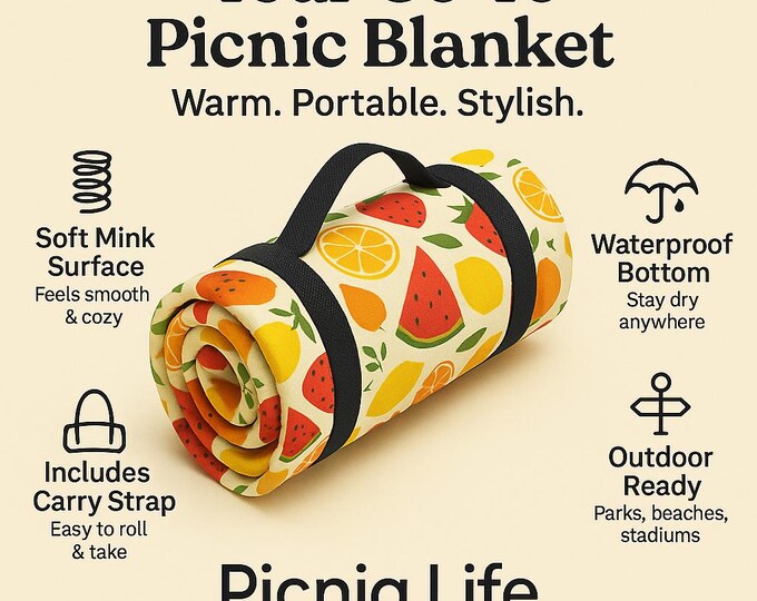 Fruit Picnic Blanket - Colorful Outdoor Reversible Rug, Beach Mat, Waterproof Backing, Summer Picnic Basket Accessory