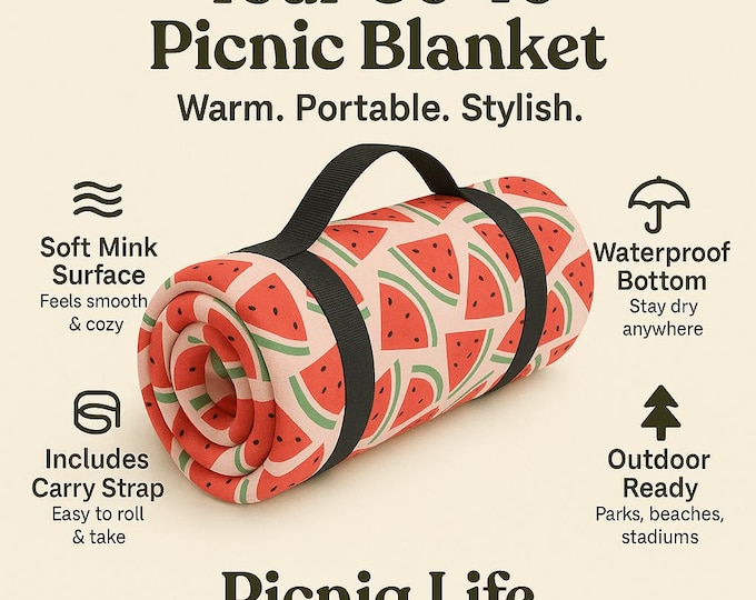 Pink Watermelon Picnic Blanket, Outdoor Food Mat, Cute Summer Pattern, Beach Party Accessory, Large Travel Rug