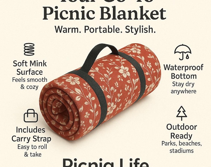Vintage Red Flower Picnic Blanket - Outdoor Camping Mat, Retro Floral Beach Blankie, Boho Garden Party Rug, Shabby Chic Spring Picnic
