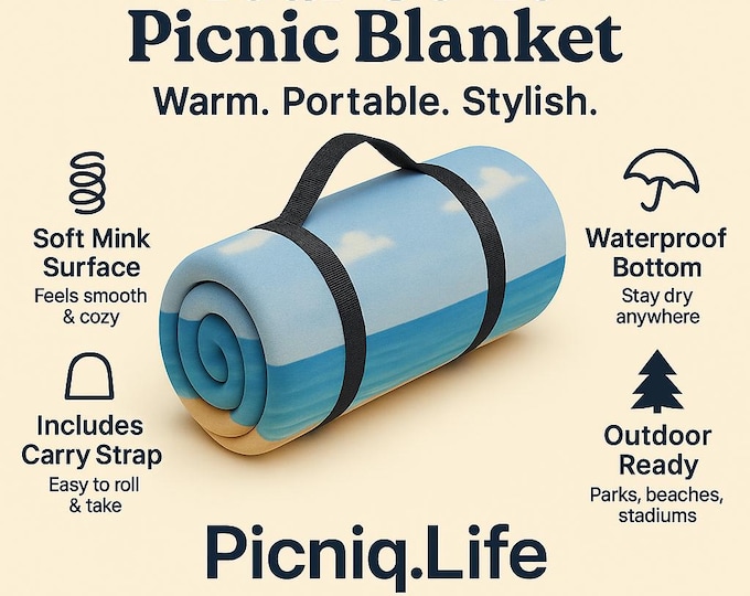 Watercolor Beach Picnic Blanket, Ocean Horizon Outdoor Mat, Coastal Picnic Throw, Summer Beach Blanket, Nautical Park Blanket