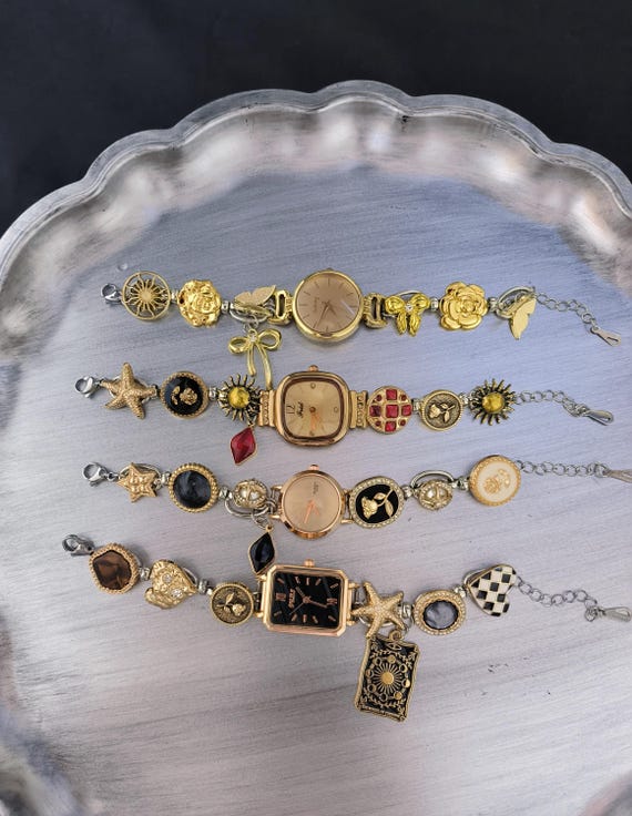 Vintage Watch Bracelet,Wrist Watch for Women,Silver Chain Bracelet with Gold Button Charms,Luxurious Gold Watch Adjustable,Present for Her