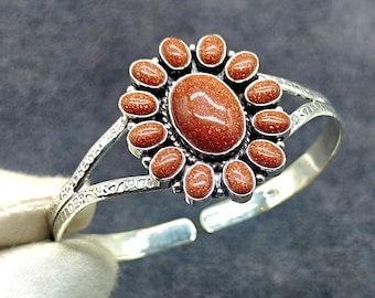 Natural Sunstone Bangle, 925 Sterling Silver Jewelry Handmade Bracelet, Adjustable Cuff Bangle, Antique Floral Design Bangle Gift For Women